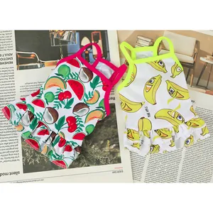 Summer pet fruit print princess dress for small dogs and cats with ruffle detail.