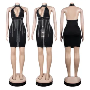 Front, side, and back views of a sexy black halter neck rhinestone bodycon mini dress