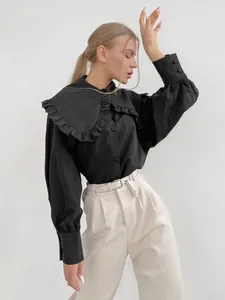 Elegant black French style doll collar cotton blouse with ruffles and long sleeves