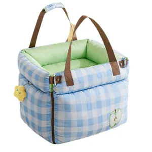 Siège auto portable 2-en-1 pour animaux et lit pour chien avec motif vichy bleu