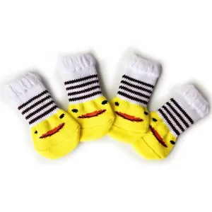 Non-slip cotton pet socks with cute yellow duck face and stripes for small dogs