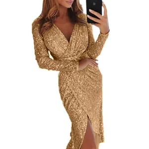 Elegant gold sequin long sleeve V-neck evening dress for women with a front slit