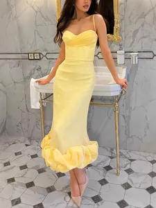 Women Elegant Fishtail Cami Dress Sexy Slim Fit Solid Color Ruffle Hem Midi Evening Party Banquet Dress For Women