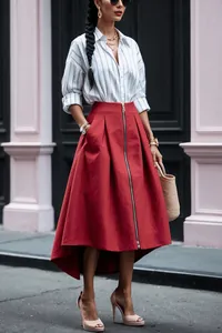 Full body detail of a stylish woman in a striped long-sleeve shirt and red zipper skirt