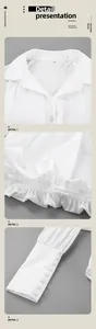 Detailansicht von weißem Hemdkragen, Rüschensaum und eleganten geknöpften Ärmelbündchen