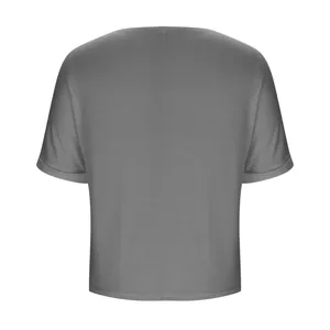 Back view of a women's gray loose fit short sleeve t-shirt with center seam.