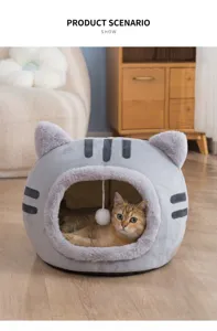 Cozy gray plush cat bed with a cute cat-head design and a small cat resting inside