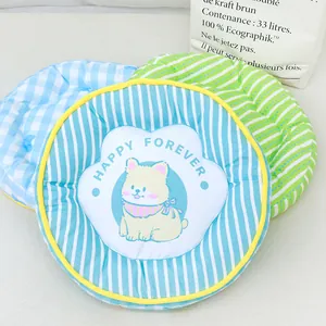 Round summer cooling mat for cats and dogs featuring cute puppy and stripe patterns