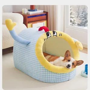 Cuccia per cani a scacchi blu e bianchi per piccoli animali con bordo in peluche giallo