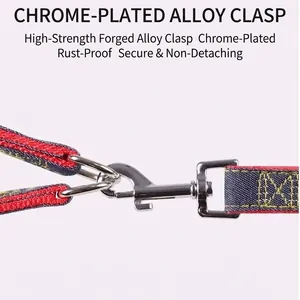 High-strength chrome-plated alloy buckle on a durable denim dog leash and harness set.