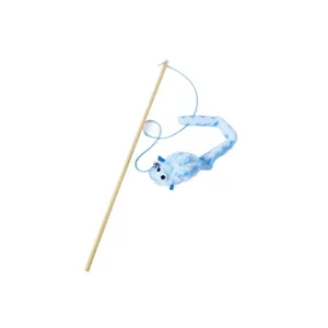 Interactive wooden stick cat teaser toy featuring blue plush mouse with a small bell