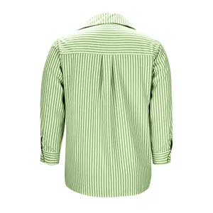 Vista posteriore di una camicia a righe verde chiaro con motivi verticali e pieghe