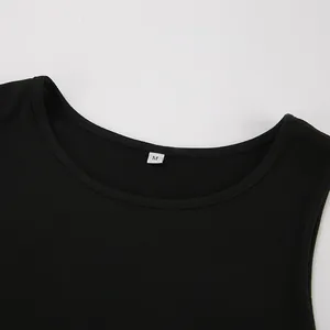 Close-up view showing the neckline detail and size M tag of a black sleeveless tank dress