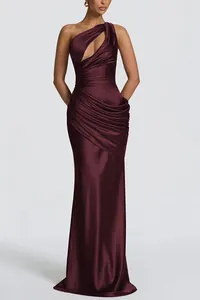Elegant burgundy satin one-shoulder dress featuring cutout detail and pleated mermaid hem