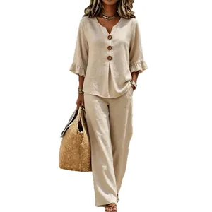 Ensemble décontracté pour femme en lin avec col en V, manches volantées et pantalon large