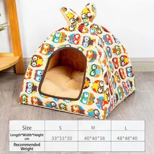 Cozy owl-print pet yurt for cats and dogs with detailed size guide