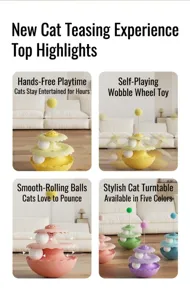 Detailed views of the tumbler cat toy with spring ball and five vibrant color options.