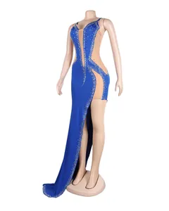 Sexy royal blue evening gown with sparkling rhinestones and sheer mesh panels for gala