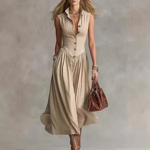 Franse Stijl Elegante Mouwloze Maxi-Jurk Voor Dames Slim Fit Revers Knoop Geplooid A-Lijn Lange Jurk Polyester Effen Kleur Forens Feest Robe