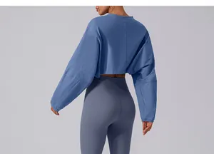 Back view of blue cropped sweatshirt and grey yoga leggings for athletic workout wear.