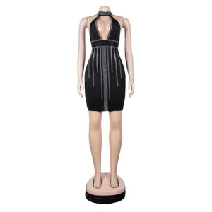 Elegant sexy black halter neck bodycon mini dress featuring sparkling vertical rhinestone lines