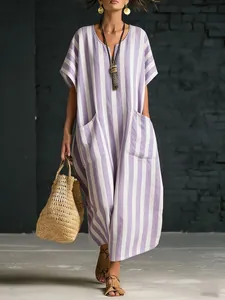Loose purple and white striped V-neck maxi dress with pockets for summer