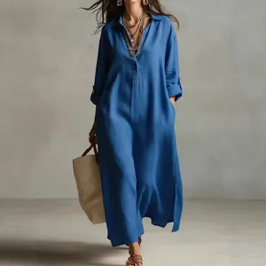 Elegant blue linen-cotton maxi shirt dress with long sleeves and loose Bohemian fit style