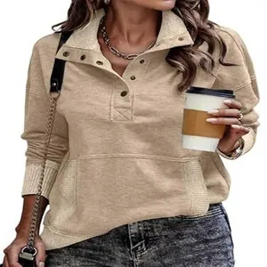 Women's casual khaki long sleeve sweatshirt with button stand collar and pocket