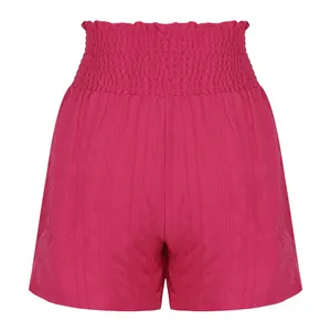 Detailed back view of magenta smocked high-waisted summer sports shorts for women