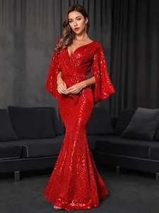 Elegant red sequin evening gown with V-neck and split sleeves floor-length mermaid dress