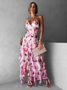 Elegant pink floral organza maxi evening dress with ruffles and deep V-neckline