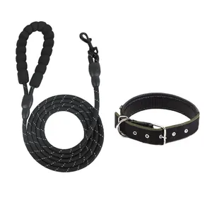 Detail der schwarzen reflektierenden Hundeleine mit Schaumstoffgriff und Halsband