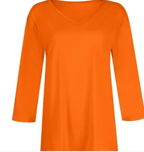 Detailed front view of a vibrant orange women's V-neck t-shirt with 3/4 sleeves