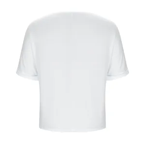 Back view of a minimalist plain white loose-fit women's T-shirt with soft cotton texture