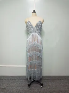 Vue détaillée du corsage à paillettes argentées et de la jupe à franges multicouche