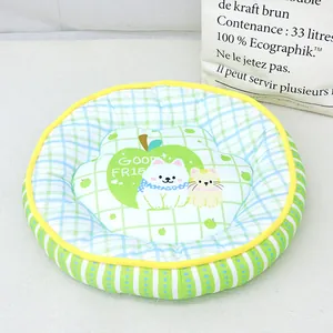 Round summer cooling pet mat with cute cartoon cat and dog illustrations
