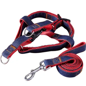 Durable blue denim and red nylon dog harness and leash set for small dogs and cats