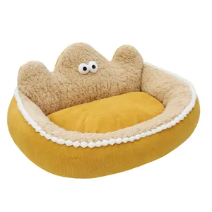 Cama suave para mascotas amarillo mostaza con ojos lindos y forro polar para gatos