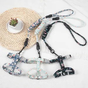Ensemble harnais et laisse pour animaux à fleurs en trois couleurs sur fond blanc