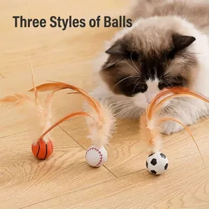 Set of three interactive cat toy balls with natural-style feathers for pet entertainment