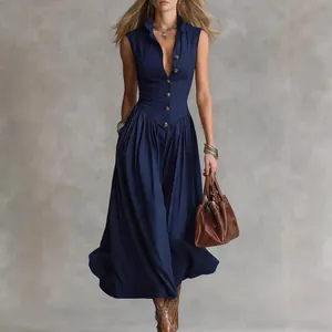 Elegante mouwloze maxi-jurk in Franse stijl, marineblauw met knoopdetails en kraag