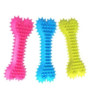 Lot de trois jouets à mâcher pour chiens en forme d'os à picots TPR rose bleu jaune