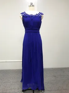 Royal blue lace chiffon evening gown shown on mannequin for bridesmaid or formal events.