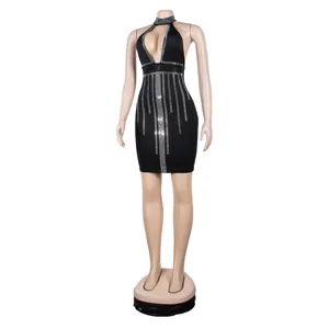 Detailed view of a sexy black rhinestone sleeveless halter bodycon dress for clubbing.