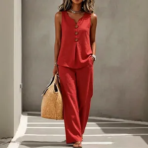 Chic women's terracotta sleeveless V-neck button top and wide-leg pants two-piece set