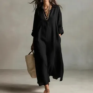 Elegant black linen cotton maxi shirt dress with lapels and rolled long sleeves