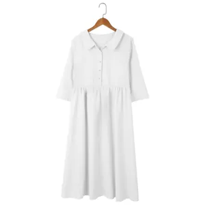 Casual white cotton linen midi dress featuring a button-down front and lapel collar