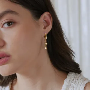 Close-up detail of gold stainless steel tassel earrings with star and teardrop charms