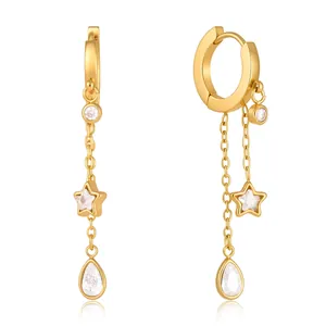 Gold-plated stainless steel hoop earrings with star and teardrop charms and tassel chain