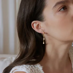 Detailed view of gold stainless steel star and teardrop tassel earrings on model's ear